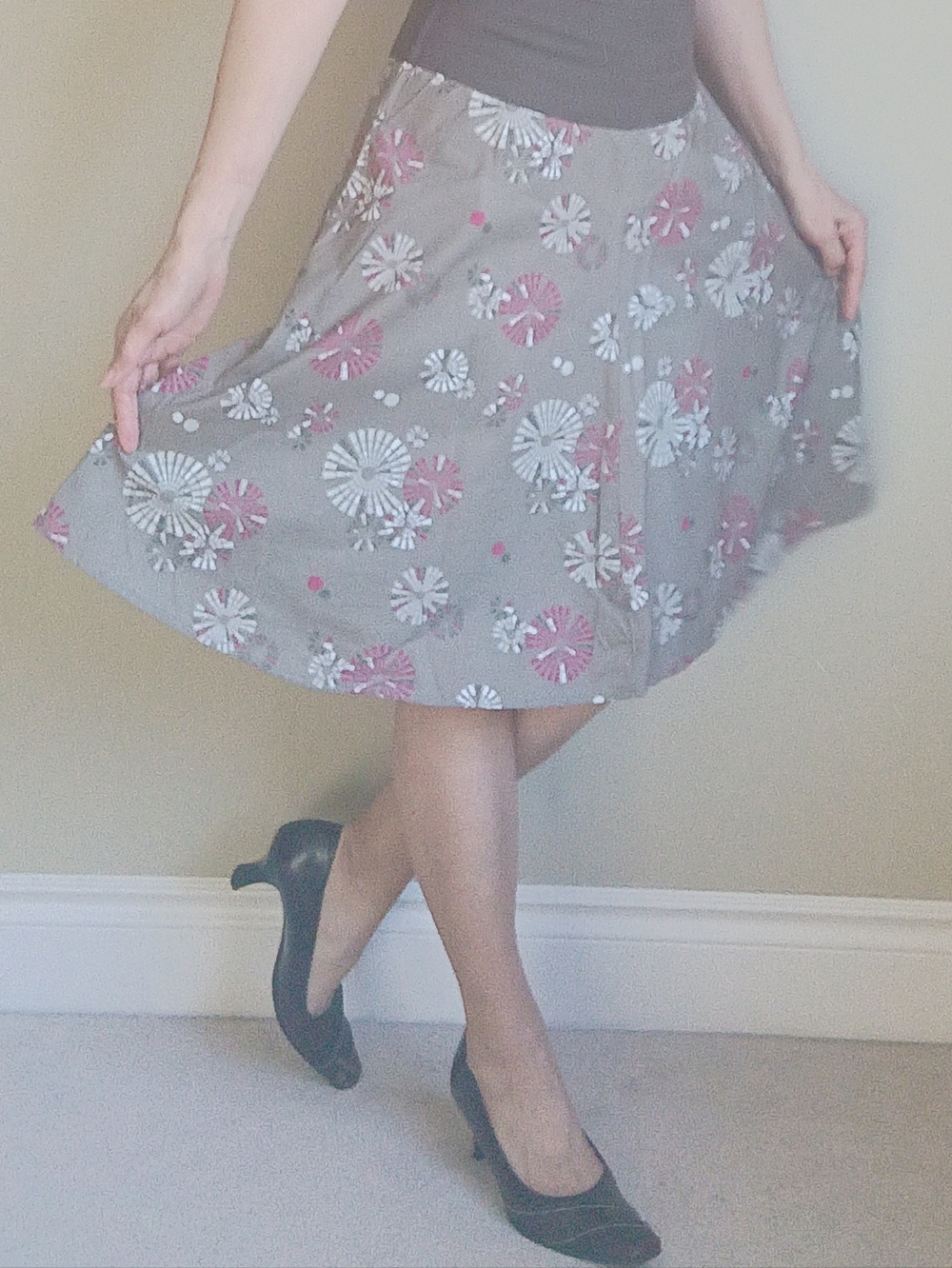 W13" Cotton Skirt • Taupe Floral • Circle Skater • Brown Waistband